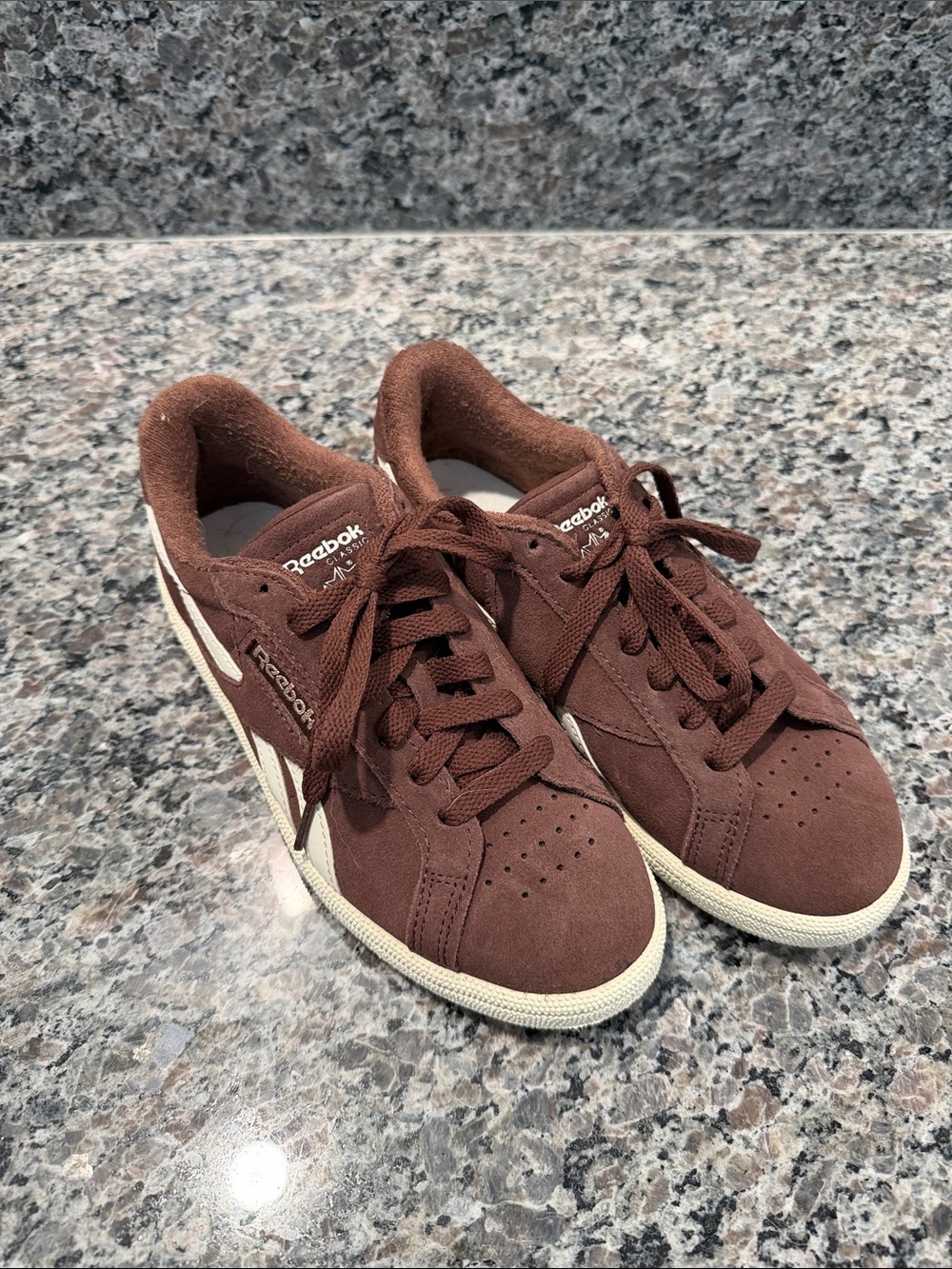 Reebok women’s Low-Top Suede Sneakers in Dark Brown with Cream Trim